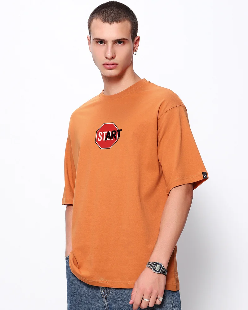 بيواكوف Men's Caramel Orange Start Typography Oversized T-shirt